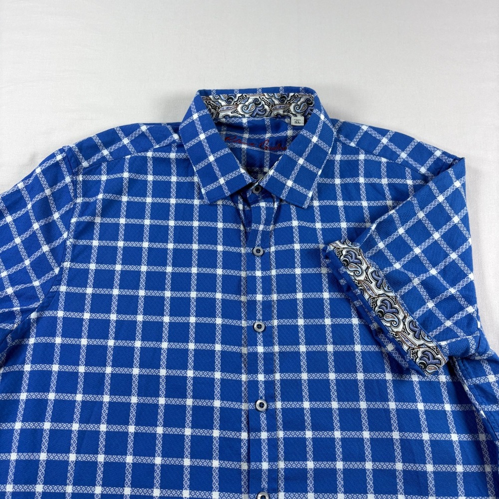 Robert Graham Shirt Mens XL Blue Plaid Flip Cuff Button Up Short Sleeve Classic